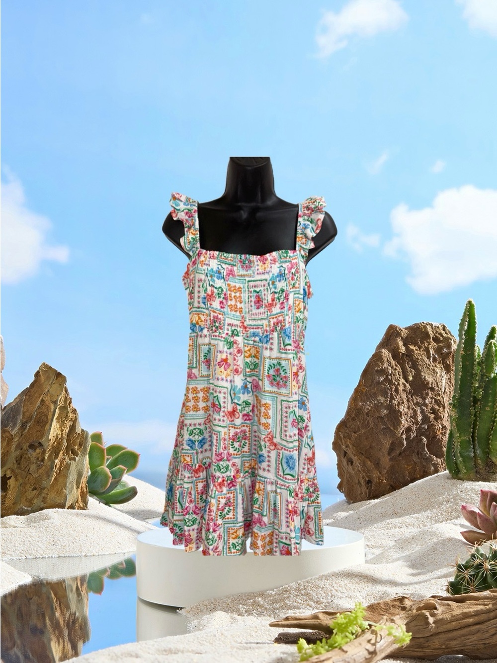 Jessica Simpson Smocked Patchwork Sundress in White with Multicolor Print⭐️NWT⭐️